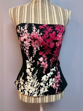 WHBM Strapless Floral Bustier Camisole in Black with Pink & White Print size 2